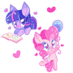 Size: 800x800 | Tagged: safe, artist:ipun, derpibooru import, pinkie pie, twilight sparkle, earth pony, pony, balloon, book, female, heart, lesbian, shipping, simple background, transparent background, twinkie