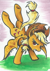 Size: 740x1054 | Tagged: safe, artist:asiamartinez, applejack, bat pony, pony, applebat, bat ponified, bucking, painting, race swap, solo, underhoof