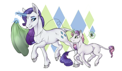 Size: 1664x967 | Tagged: safe, artist:royvdhel-art, rarity, sweetie belle, classical unicorn, pony, unicorn, abstract background, duo, duo female, fabric, female, filly, leonine tail, mare, simple background, sisters, thread