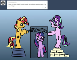 Size: 1024x808 | Tagged: safe, artist:platinumdrop, starlight glimmer, sunset shimmer, twilight sparkle, twilight sparkle (alicorn), alicorn, pony, unicorn, ask, net, request, tumblr, tumblr:ask-platinumdrop