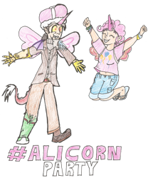 Size: 815x979 | Tagged: safe, artist:erenerakhard, discord, pinkie pie, human, season 4, alicorn party, humanized, sandals, traditional art