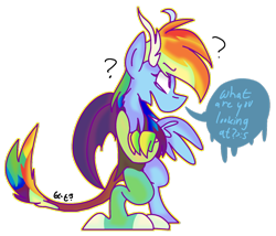 Size: 1024x876 | Tagged: safe, artist:dizzee-toaster, derpibooru import, rainbow dash, dialogue, draconequified, question mark, simple background, solo, species swap, transparent background