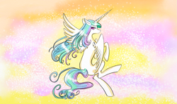 Size: 1299x768 | Tagged: safe, artist:celestine77, princess celestia, alicorn, pony, flying, looking back, solo