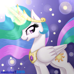 Size: 1000x1000 | Tagged: safe, artist:yummiestseven65, princess celestia, alicorn, pony, crown, female, horn, mare, multicolored mane, multicolored tail, solo, white coat, white wings, wings