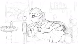 Size: 1600x900 | Tagged: safe, artist:sean mirrsen, derpibooru import, twilight sparkle, bed, candle, crying, monochrome, sketch, solo