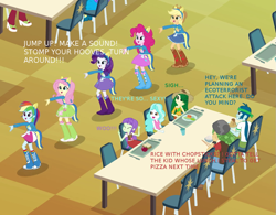 Size: 925x720 | Tagged: safe, derpibooru import, screencap, applejack, aqua blossom, captain planet, fluttershy, paisley, pinkie pie, rainbow dash, rarity, rose heart, sandalwood, starlight, sweet leaf, twilight sparkle, equestria girls, background human, blue text, eco kid insults, image macro, mane six, meme