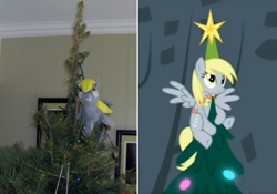 Size: 1558x1090 | Tagged: safe, artist:watermelonrat, screencap, derpy hooves, pegasus, pony, a hearth's warming tail, christmas tree, derpy star, female, hilarious in hindsight, mare, photo, tree