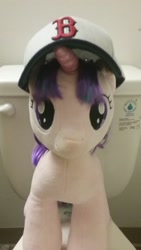 Size: 1440x2560 | Tagged: safe, starlight glimmer, pony, unicorn, bathroom, boston red sox, but why, hat, plushie, solo, toilet