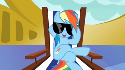 Size: 1920x1080 | Tagged: safe, derpibooru import, screencap, rainbow dash, pegasus, pony, every little thing she does, chillaxing, crossed legs, cutie mark, female, reclining, roof, solo, sunglasses