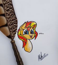 Size: 2956x3345 | Tagged: safe, artist:hovel, sunset shimmer, pony, :p, bust, cute, pfft, portrait, quill pen, signature, silly, solo, tongue out, traditional art