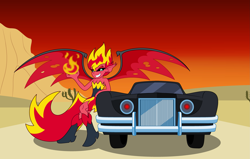 Size: 2705x1720 | Tagged: safe, artist:bbbhuey, sunset satan, sunset shimmer, equestria girls, car, crossover, desert, fire, lincoln (car), lincoln continental, movie reference, the car