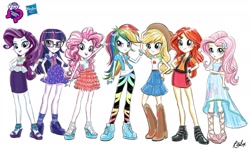 Size: 2165x1319 | Tagged: safe, artist:ritalux, derpibooru import, applejack, fluttershy, pinkie pie, rainbow dash, rarity, sci-twi, sunset shimmer, twilight sparkle, better together, equestria girls, cute, eqg promo pose set, equestria girls logo, equestria girls prototype, hasbro logo, humane five, humane seven, humane six, looking at you, my little pony logo, official, official art, simple background, smiling, white background