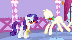 Size: 1366x768 | Tagged: safe, screencap, rarity, pony, unicorn, suited for success, female, horn, mare, purple mane, solo, white coat