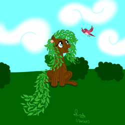 Size: 4000x4000 | Tagged: safe, artist:eillahwolf, fluttershy, bird, pegasus, pony, bush, cloud, female, fluttertree, grass, leaves, mare, open mouth, signature, sitting, solo