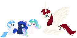 Size: 6000x3000 | Tagged: safe, artist:magister39, princess celestia, princess luna, oc, oc:fausticorn, oc:white flare, alicorn, pony, absurd resolution, alicorn oc, cewestia, filly, foal, open mouth, prone, simple background, smiling, spread wings, transparent background, vector, woona