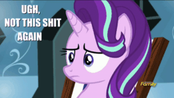 Size: 850x478 | Tagged: safe, edit, edited screencap, screencap, starlight glimmer, pony, unicorn, the crystalling, 4chan, animated, annoyed, cutie mark, deck chair, discovery family logo, drama, female, food, furrowed brow, gif, image macro, mare, meme, nope, not this shit again, popcorn, reaction image, ugh, vulgar