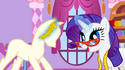 Size: 1366x768 | Tagged: safe, screencap, rarity, pony, unicorn, suited for success, female, horn, mare, purple mane, solo, white coat