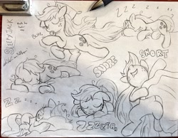 Size: 2497x1936 | Tagged: safe, artist:redapropos, applejack, earth pony, pony, bed, bed mane, blanket, cute, female, freckles, jackabetes, loose hair, mare, monochrome, on back, onomatopoeia, pillow, sketch, sketch dump, sleeping, snoring, solo, sound effects, traditional art, zzz