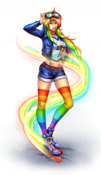 Size: 1037x1800 | Tagged: safe, artist:nekoka shuuri-ya, derpibooru import, rainbow dash, human, belly button, clothes, goggles, grin, humanized, light skin, looking at you, midriff, pixiv, rainbow socks, roller skates, socks, solo, striped socks