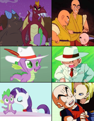 Size: 799x1024 | Tagged: safe, garble, rarity, spike, dragon, pony, unicorn, android 18, clump, comparison, dragon ball z, female, hat, krillin, male, monks, shipping, sparity, straight