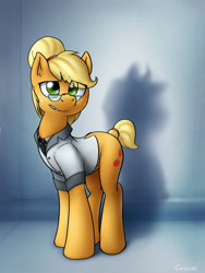 Size: 1200x1600 | Tagged: safe, artist:conicer, applejack, earth pony, pony, fanfic:asylum, alternate hairstyle, alternate universe, asylum, clothes, doctor applejack, fanfic, fanfic art, glasses, hair bun, solo, when you see it