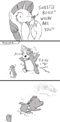 Size: 535x1079 | Tagged: safe, artist:yipsy, rarity, sweetie belle, penguin, pony, unicorn, clothes, comic, costume, cute, monochrome, screaming, sweetie fail, this will end in tears, worried