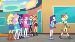 Size: 1280x720 | Tagged: safe, derpibooru import, screencap, applejack, fluttershy, pinkie pie, rainbow dash, rarity, sci-twi, sunset shimmer, twilight sparkle, vignette valencia, better together, equestria girls, rollercoaster of friendship, boots, clothes, converse, feet, gem, geode of empathy, geode of fauna, geode of shielding, geode of sugar bombs, geode of super speed, geode of super strength, geode of telekinesis, glasses, humane five, humane seven, humane six, jacket, magical geodes, ponytail, sandals, shoes, sneakers