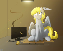 Size: 3000x2400 | Tagged: safe, artist:fluffyxai, derpy hooves, pegasus, pony, bandaid, cheek fluff, chest fluff, colored pupils, computer, derpy hooves tech support, female, food, i just don't know what went wrong, mare, monitor, muffin, russian, solo, translated in the comments