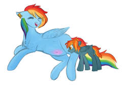 Size: 851x585 | Tagged: safe, artist:silcybell, derpibooru import, rainbow dash, oc, oc:skyfall, pegasus, pony, implied shipping, magical lesbian spawn, offspring, parent:rainbow dash, preggo dash, pregnant, sensibly-proportioned pregnancy, simple background, transparent background