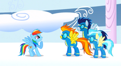 Size: 1099x598 | Tagged: safe, derpibooru import, screencap, misty fly, rainbow dash, soarin', spitfire, pegasus, pony, sonic rainboom (episode), goggles, wonderbolts, wonderbolts uniform