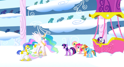 Size: 1099x597 | Tagged: safe, derpibooru import, screencap, applejack, fluttershy, pinkie pie, princess celestia, rainbow dash, rarity, twilight sparkle, unicorn twilight, alicorn, earth pony, pegasus, pony, unicorn, sonic rainboom (episode), cloudiseum, female, hot air balloon, mane six, mare, royal guard, twinkling balloon