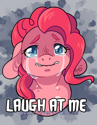 Size: 500x647 | Tagged: safe, artist:clovercoin, pinkie pie, earth pony, pony, bust, caption, colored pupils, crying, solo