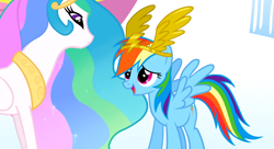 Size: 1098x597 | Tagged: safe, derpibooru import, screencap, princess celestia, rainbow dash, alicorn, pegasus, pony, sonic rainboom (episode)