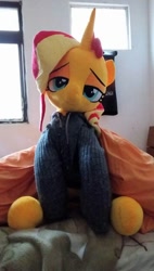 Size: 546x960 | Tagged: safe, artist:ec31314, sunset shimmer, pony, unicorn, bedroom eyes, clothes, cute, female, hoodie, irl, mare, photo, plushie, shimmerbetes, solo