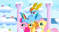 Size: 1099x597 | Tagged: safe, derpibooru import, screencap, applejack, fluttershy, pinkie pie, rainbow dash, earth pony, pegasus, pony, sonic rainboom (episode), background pony audience, carrying, cloudiseum, female, mare