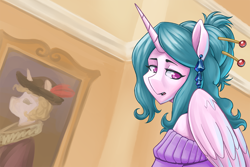 Size: 1280x853 | Tagged: safe, artist:romanrazor, princess celestia, alicorn, anthro, alternate hairstyle, blue-mane celestia, clothes, ear piercing, earring, female, good morning celestia, hairpin, jewelry, mare, piercing, shirt, solo, sweater