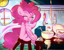 Size: 2049x1605 | Tagged: safe, artist:carligercarl, pinkie pie, earth pony, pony, apron, baking, cape, clothes, eyes closed, solo, tongue out