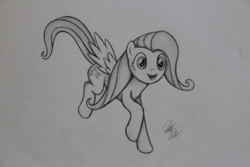 Size: 1024x683 | Tagged: safe, artist:pajaga, fluttershy, pegasus, pony, monochrome, pencil drawing, solo