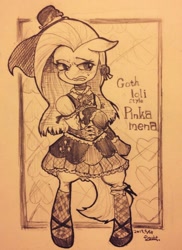 Size: 550x756 | Tagged: safe, artist:doubt, pinkie pie, pony, bipedal, clothes, gothic lolita, lolita fashion, monochrome, pinkamena diane pie, solo, traditional art