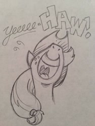 Size: 768x1024 | Tagged: safe, artist:andypriceart, applejack, happy new year, monochrome, nose in the air, solo, traditional art, twitter, yeehaw