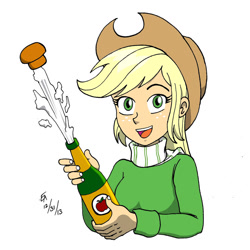 Size: 800x800 | Tagged: safe, artist:mayorlight, applejack, human, 2014, apple cider, humanized, light skin, simple background, solo