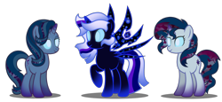 Size: 3685x1699 | Tagged: safe, artist:stellardusk, starlight glimmer, sunset shimmer, twilight sparkle, twilight sparkle (alicorn), alicorn, pony, unicorn, alternate hairstyle, artificial wings, augmented, female, glowing eyes, magic, magic wings, mare, simple background, transparent background, trio, vector, void, void elf, void pony, warcraft, wings, world of warcraft