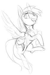 Size: 472x697 | Tagged: safe, artist:php70, derpibooru import, rainbow dash, pegasus, pony, chest fluff, cutie mark, fluffy, flying, in air, open mouth, sketch, spread wings, wings, wip