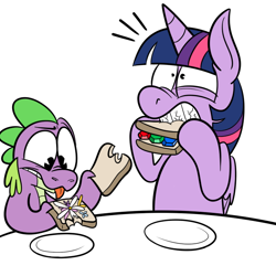 Size: 700x700 | Tagged: safe, artist:karpet-shark, derpibooru import, spike, twilight sparkle, twilight sparkle (alicorn), alicorn, dragon, pony, broken, broken tooth, female, gem, mare, mix-up, ouch, pain, sandwich, twily-daily