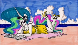 Size: 1952x1136 | Tagged: safe, artist:newyorkx3, princess celestia, anthro, plantigrade anthro, beach, clothes, dress, high heels, raised eyebrow, solo, sundress, sunglasses, traditional art