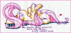 Size: 1024x477 | Tagged: safe, artist:naara-ashley, fluttershy, pegasus, pony, eyes closed, german, heart, solo, traditional art, translated in the comments