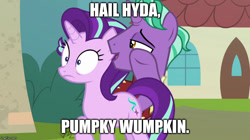 Size: 888x499 | Tagged: safe, edit, edited screencap, screencap, firelight, starlight glimmer, pony, unicorn, the parent map, captain america, father and child, father and daughter, female, hail hydra, male, meme, misspelling, parent and child, pumpky wumpkin, whispering