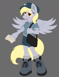 Size: 1368x1800 | Tagged: safe, artist:zeiram0034, derpy hooves, anthro, plantigrade anthro, clothes, letter, mailbag, mailmare, solo, spread wings, uniform