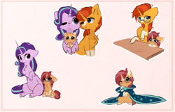 Size: 2000x1284 | Tagged: safe, artist:little-sketches, starlight glimmer, sunburst, oc, oc:pulsar, pony, unicorn, :<, :c, :o, accessory swap, baby, baby pony, belly fluff, blaze (coat marking), blushing, c:, cheek fluff, chest fluff, clothes, colored horn, colt, cute, ear fluff, excessive fluff, family, female, filly, floppy ears, fluffy, foal, frown, glare, glasses, glimmerbetes, glowing horn, hnnng, holding a pony, hug, leaning, leg fluff, lidded eyes, looking up, male, mare, messy mane, missing cutie mark, neck fluff, nuzzling, offspring, one eye closed, open mouth, oversized clothes, parent:starlight glimmer, parent:sunburst, parents:starburst, pregnant, raised hoof, robe, shipping, sitting, smiling, socks (coat marking), stallion, starburst, straight, sunbetes, sunburst's robe, underhoof, wide eyes, wink