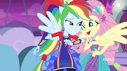 Size: 1920x1080 | Tagged: safe, derpibooru import, screencap, fluttershy, rainbow dash, better together, equestria girls, rollercoaster of friendship, ponied up, shipping fuel, teasing